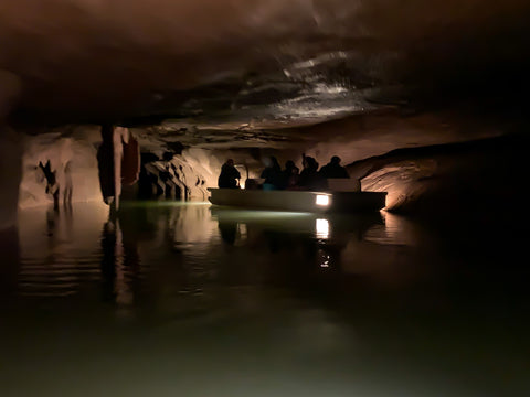 underground boat tour inside bluespring caverns indiana