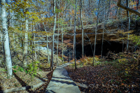 Entrance to smoky bridge arch along three bridges trail in Carter caves state park Kentucky