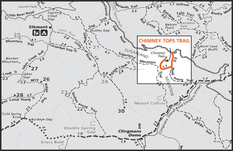 Map of chimney tops trail great smoky mountain National park Tennessee 