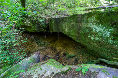 entrance to rock shelter along the rock shelter trail within Rockbridge State nature preserve in hocking county Ohio 