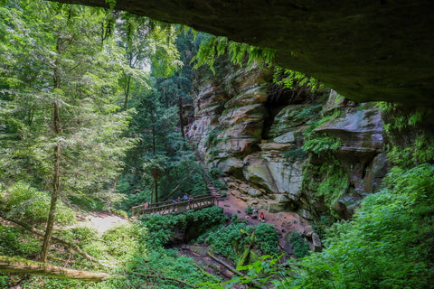 Looking out over the cliffs and caves of rock house in Hocking hills state park Ohio 
