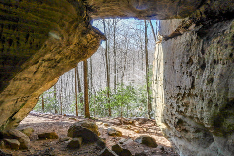 looking out from within chimney arch along the buffalo canyon trail in natural arch scenic area