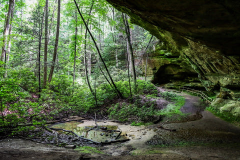 small trickling waterfall over Indiana Rockhouse in Pickett CCC State Park