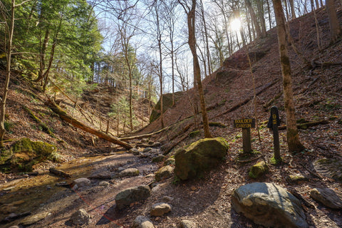 Hiking along boulder canyon on trail 9 in Turkey Run State Park Indiana 