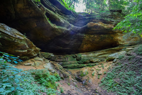 Hidden cave and rock shelter within Cantwell cliffs trails of Hocking hills state park Ohio