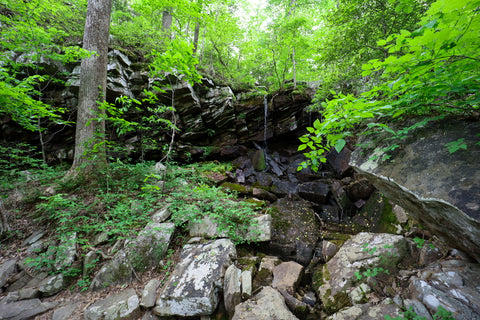 Waterfall streaming over rock shelter in Denny Cove within south Cumberland State Park in Tennessee 