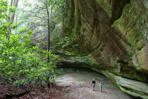 hikers visiting Indian Rockhouse in Pickett CCC State Park