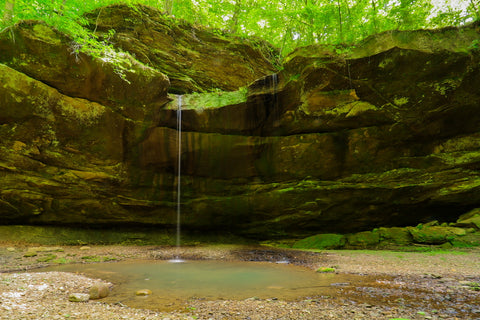 Double falls waterfall and rock shelter in yellow birch ravine nature preserve Indiana 