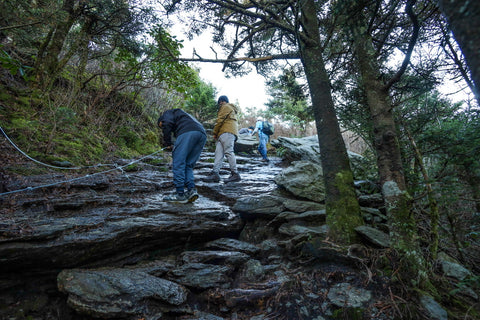 hikers using steel wire ropes to climb cliffs leading to macrae peak on grandfather mountain