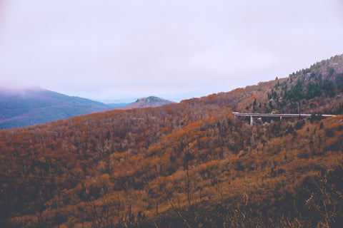 view of the linn cove viaduct surrounding grandfather mountain from the cliffs of rough ridge