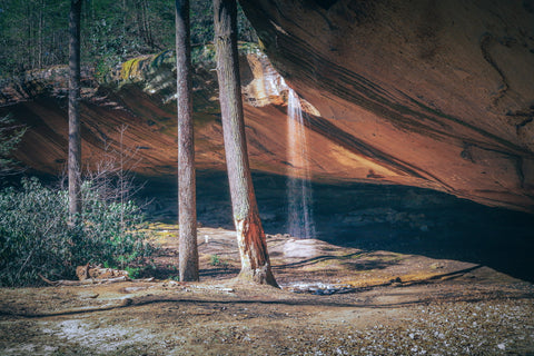 waterfall above council chamber rock shelter in red river gorge of the Daniel Boone national forest