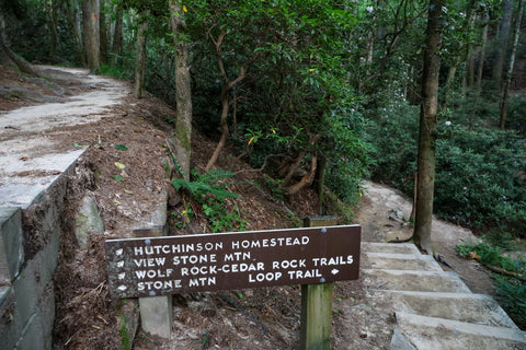 trail signs for wolf rock and cedar rock trail in stone mountain state park