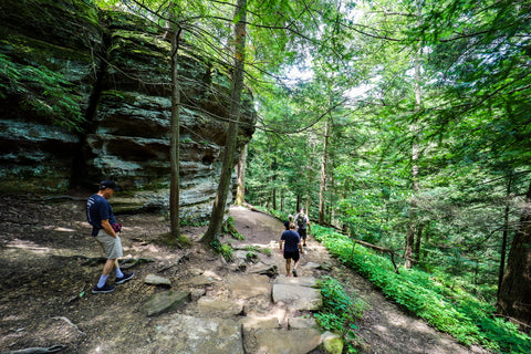 Hiking along the bluffs to rock house in Hocking hills state park Ohio 