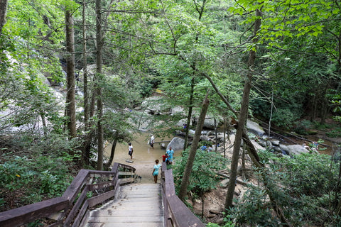 overhead view of the natural pool of stone mountain falls in stone mountain state park