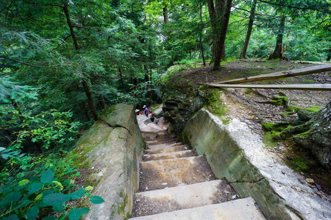 Stone steps leading down to rock house trail in Hocking hills state park ohio