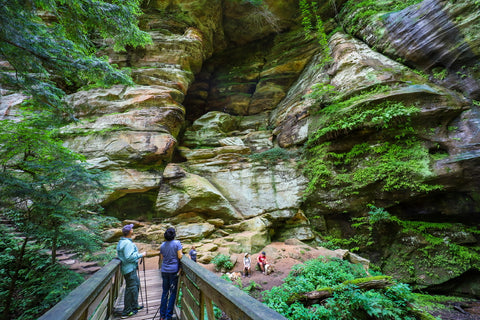 Looking at the 200 foot cliffs of rock house in Hocking hills state park Ohio 