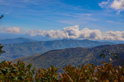 Distant views of the Blue Ridge Parkway atop a mountain crest in North Carolina