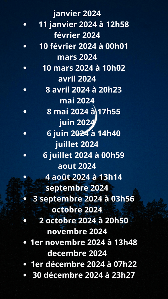 Calendrier lunaire 2024 - Dates et horaires des phases de lune 2024