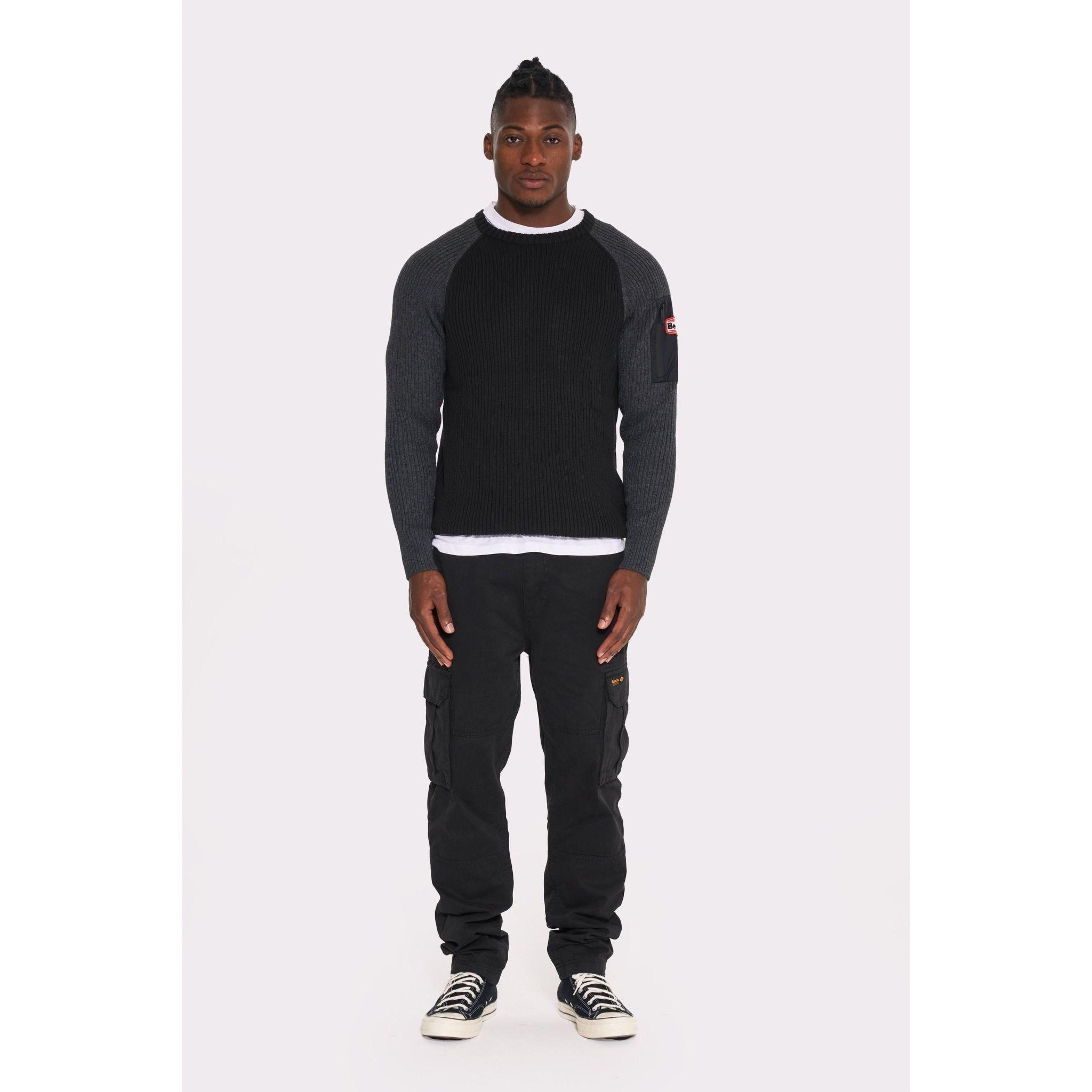 Mens ’HADLOW’ Crew Knit Sweat - GREY MARL - XXL / Black & Charcoal