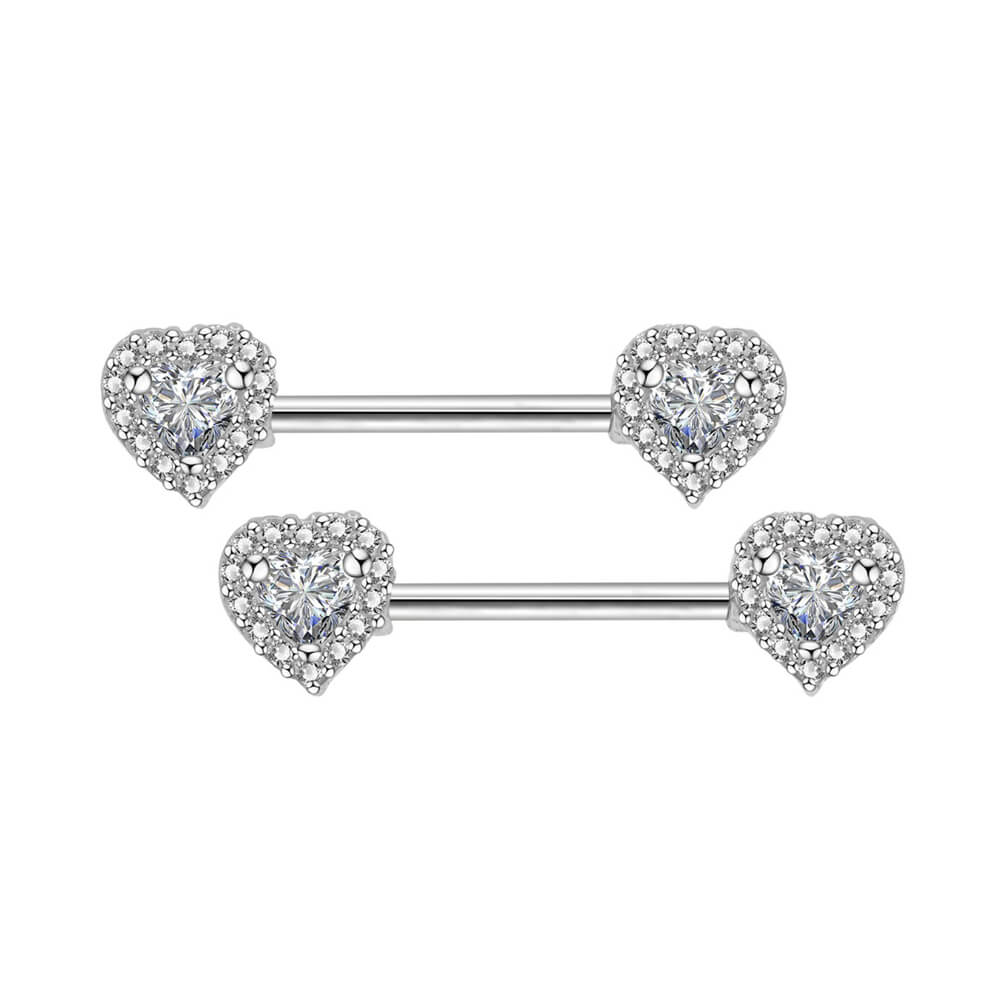 14 Gauge CZ Heart Barbell Nipple Ring 