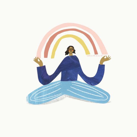 Meditating under a rainbow illustration by Penelope Dullaghan