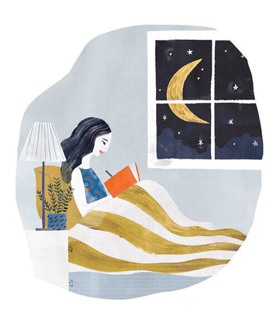 Woman Journaling in bed at night illustration by penelope dullaghan