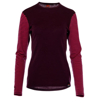 Womens Merino 180 Long Sleeve Crew (Stripe Wine/Fuchsia) | Isobaa