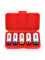 Five color coded lug nut socket tools laid out with a storage case.