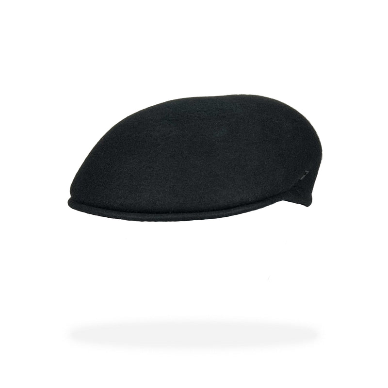 Virgin wool light felt flat cap in black with iconic crafted society scissor on the left side. 100% virgin wool, water repellent and crushable. Left front side view
