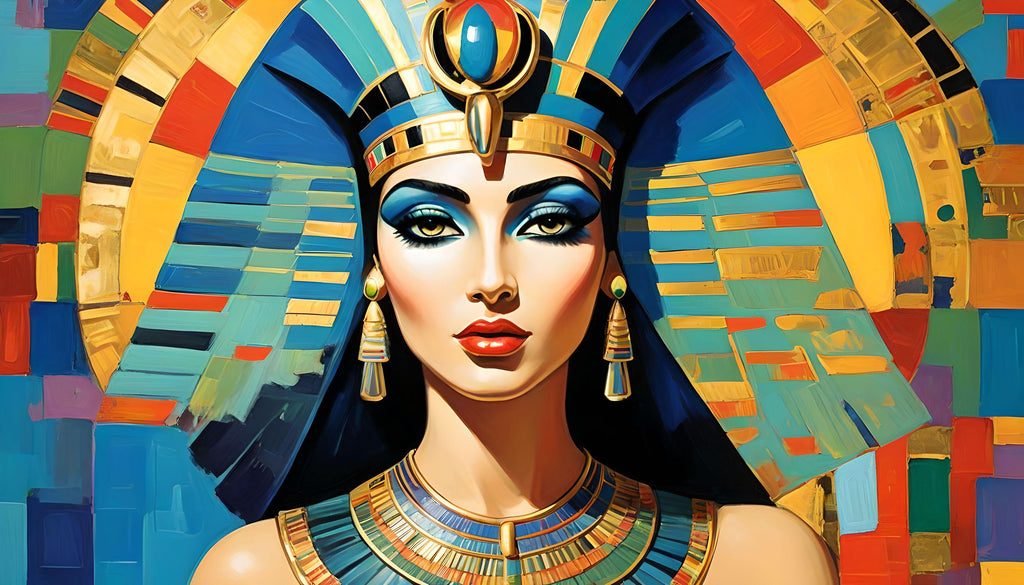 Cleopatra is shown wearing the royal diadem and a magnificent pearl necklace, her hair braided in a characteristic "melon" hairstyle.