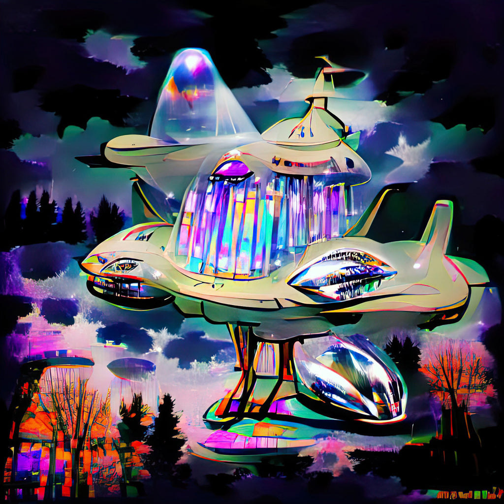 A colorful AI generated spaceship generated by Anne Spalter