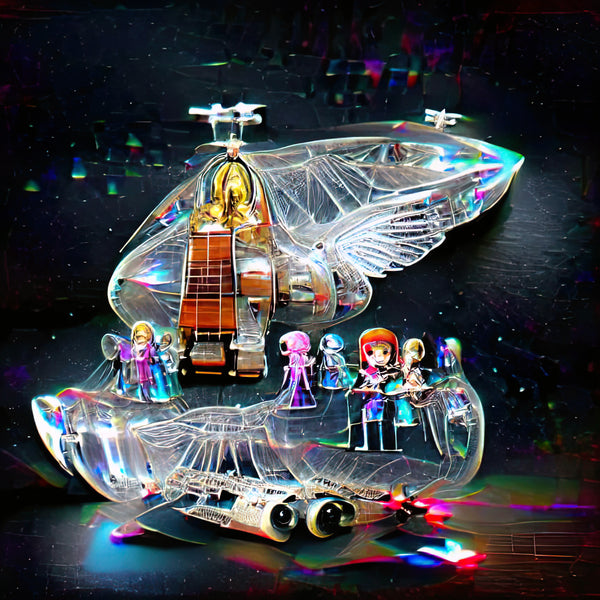 An Artificial Intelligence-generated image of a futuristic spaceship with angel wings 