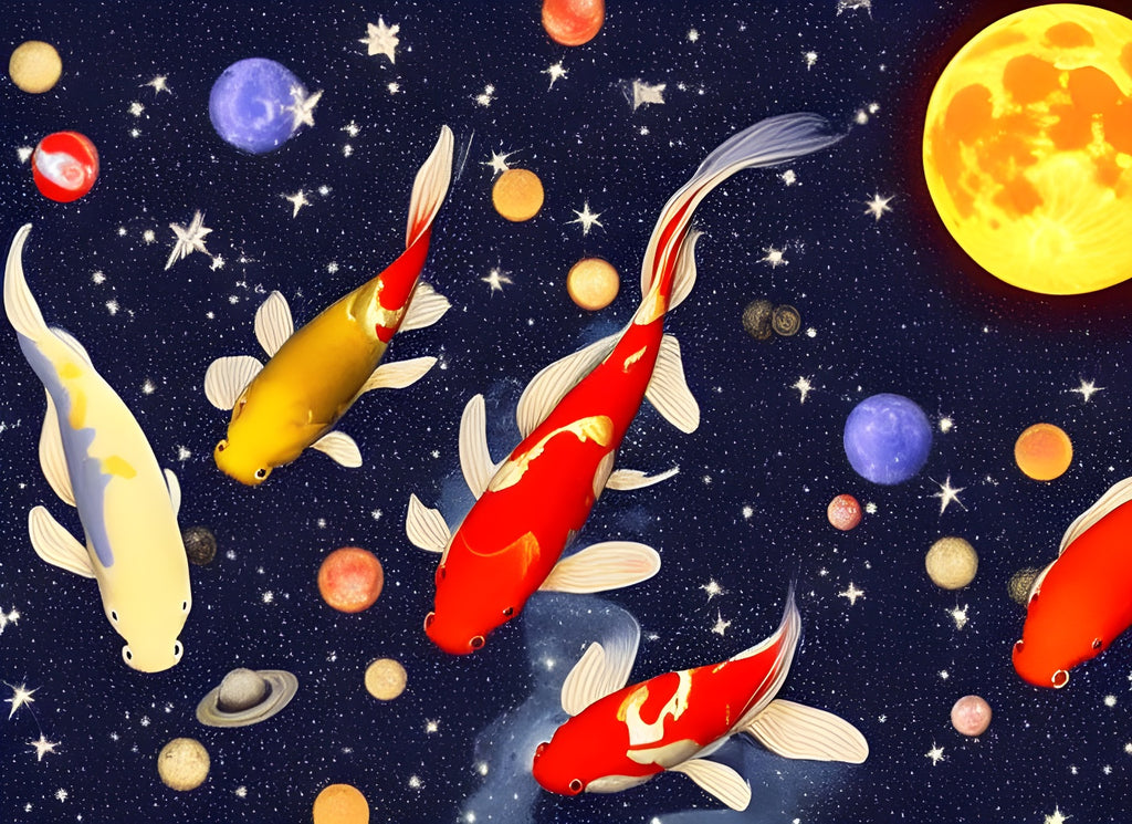 White, orange, and mixed white and orange koi fish swim in a celestial pool. There are planets, stars, and a moon in the foreground.