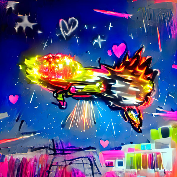 A colorful Artificial Intelligence-generated spaceship exploding in outer space, by NFT digital artist Anne Spalter