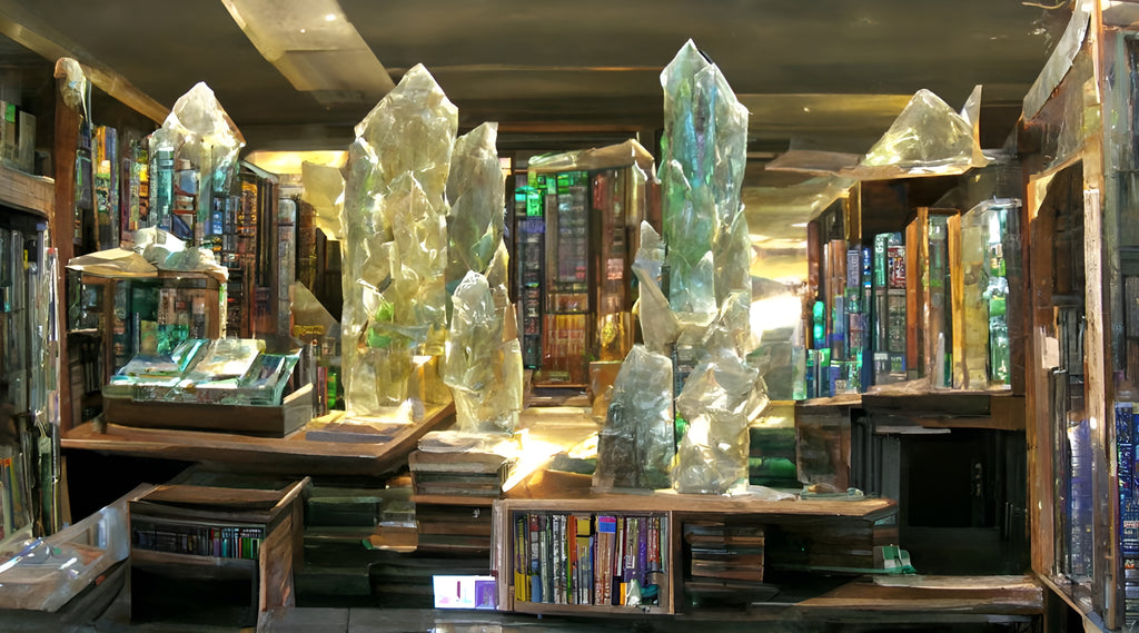 An AI generated image of a crystal library