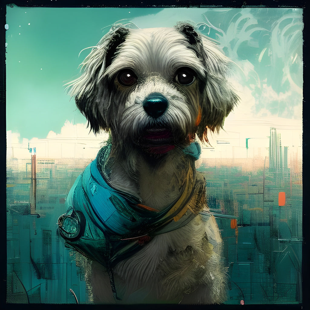 A cute fluffy white dog sits in the center of the image. It wears a blue bandana around its neck. A cityscape is in the foreground and the sky is cloudy. The dog stares with a straight expression.