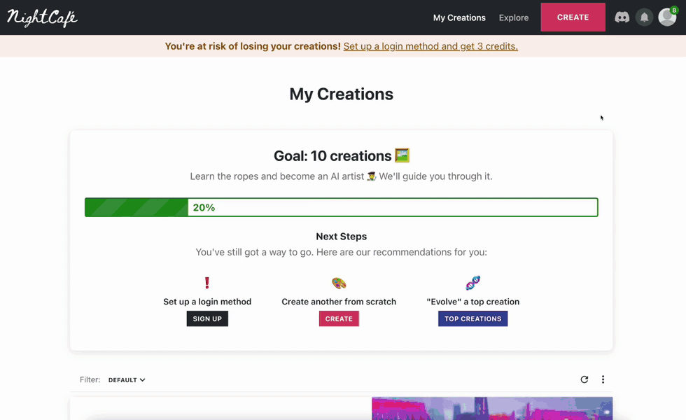 Getting to the create page on NightCafe Studio to create AI art