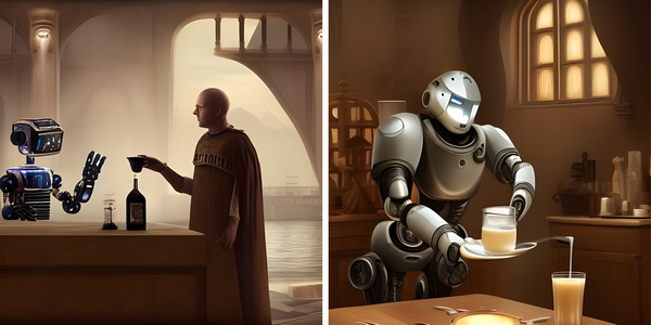 An AI generated image of a robot serving milk to his master in a medieval castle looking room.