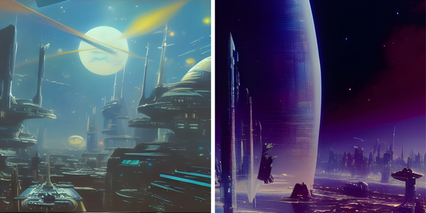 A futuristic city in space at night is on the left, and a futuristic space city is on the right.