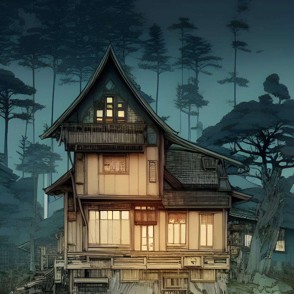 A small wooden cabin stands in the center of the image. It is nighttime in the forest that it resides in. Tall japanese pine trees stand in the foreground.