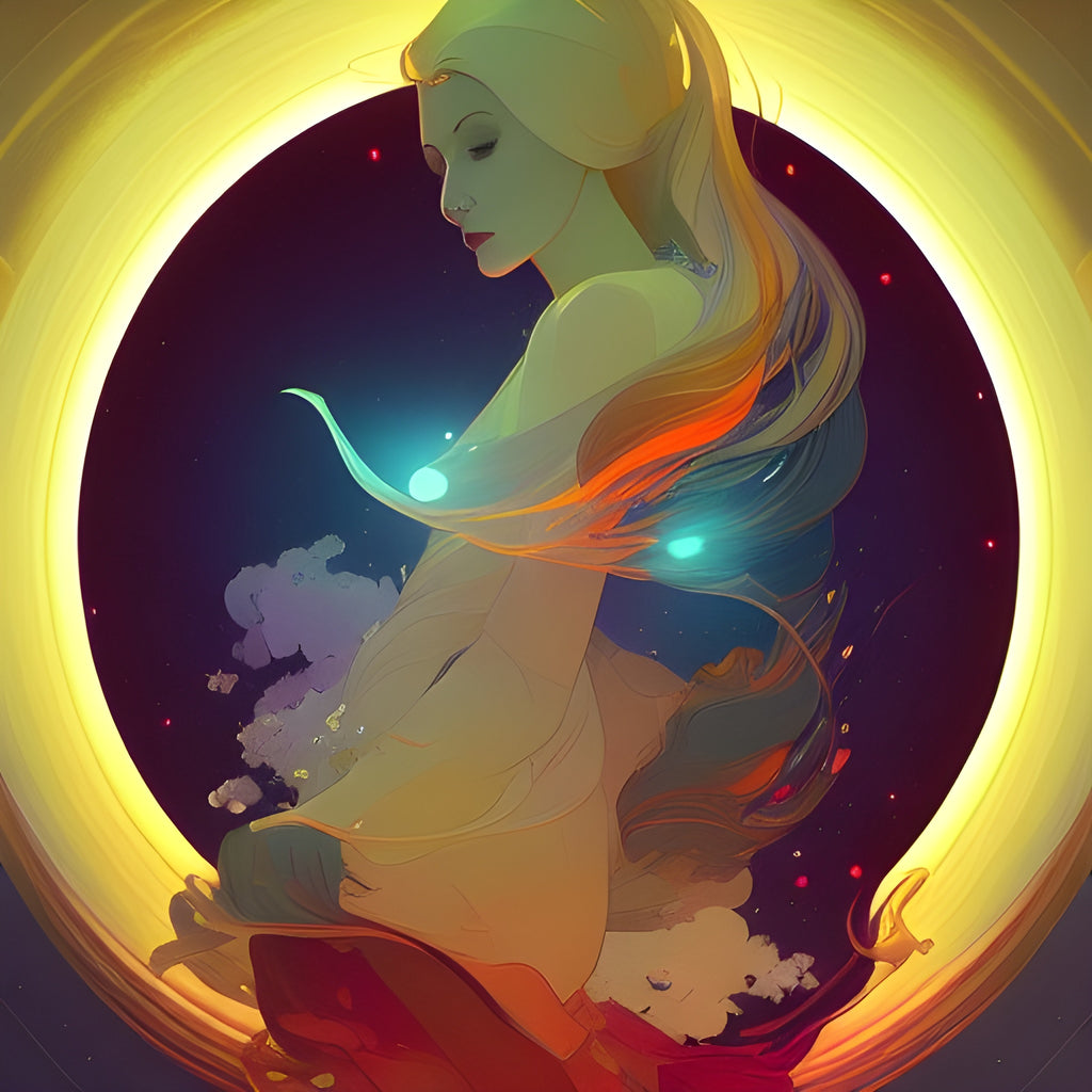 A mystical woman stands in the center of the image. She has long flowing hair and stands in front of a glowing ring. Her midbody slowly morphs into clouds, galaxies, and stars.