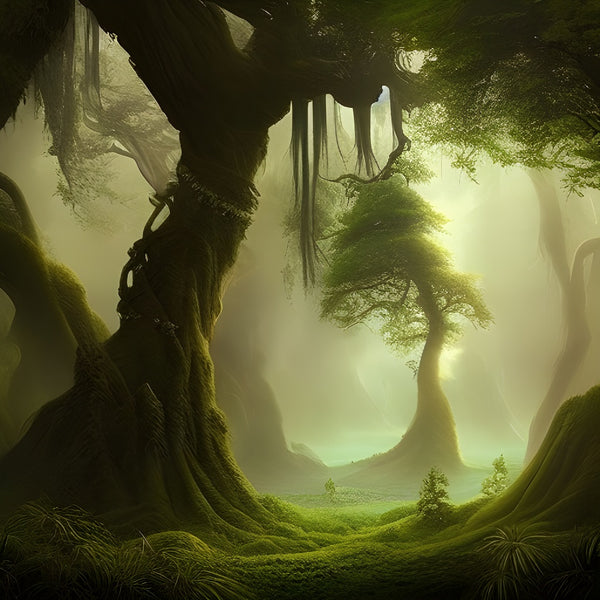 A moss covered forest with a green hue and fog in the distance. The trees are covered in hanging moss. A mystical ambiance can be felt.