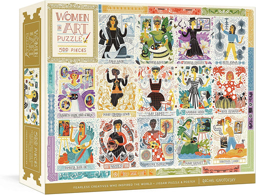women in art puzzle penguin random house 500 piece jigsaw fifteen diverse pioneering female artists rachel ignotofsky unqiue poster puzzle puzles art artists artistic creative creativity frida kahlo geogria o'keeffe mary edmonia lewis hopi-tewa 