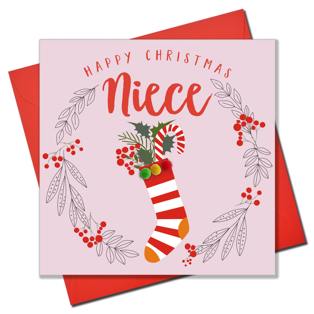 Christmas Card, Stocking in a laurel wreath, Niece, Pompom Embellished ...