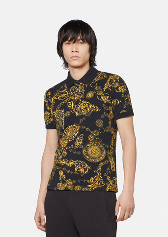 VERSACE JEANS COUTURE BLACK SLIM FIT REGALIA BAROQUE POLO SHIRT