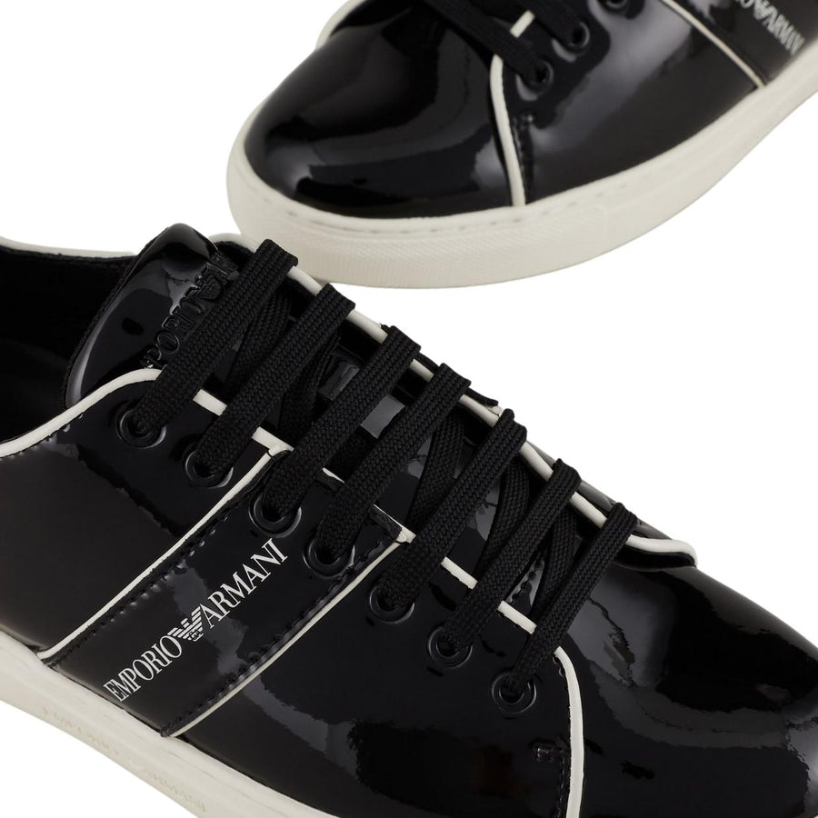 Emporio Armani Black Patent Logo Sneakers – Retro Designer Wear