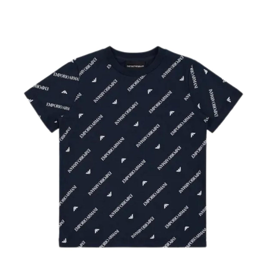 Emporio Armani Junior Blue All-Over Logo T-Shirt – Retro Designer Wear