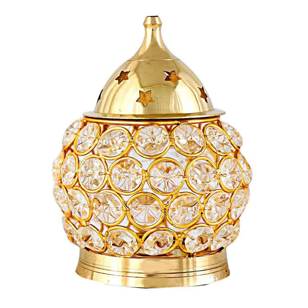 Akhand Diya Decorative Brass Crystal Tea Light Puja Lamp (Small ...