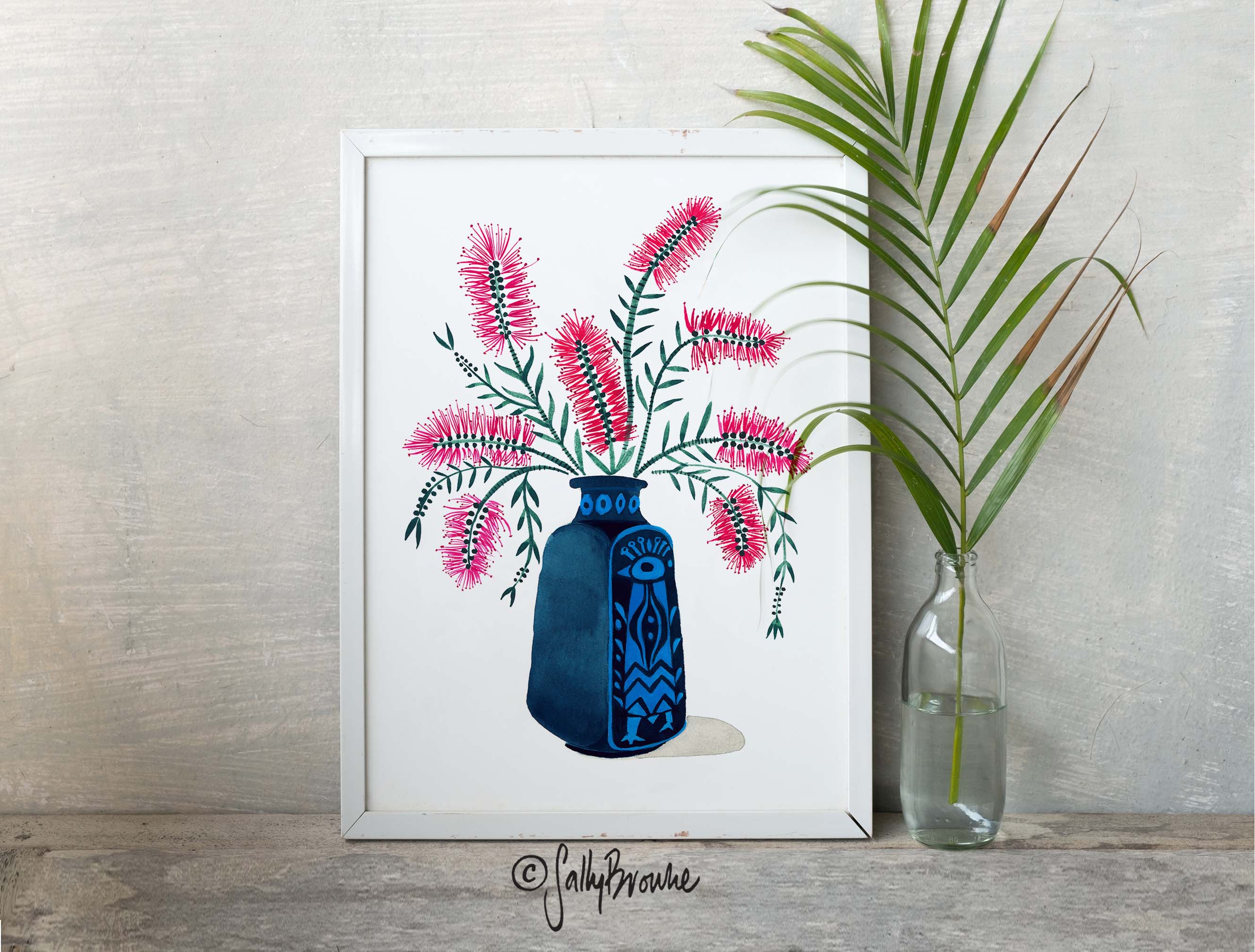 Pink Callistemon in Retro Peacock Vase, Limited Edition Signed Fine Ar ...