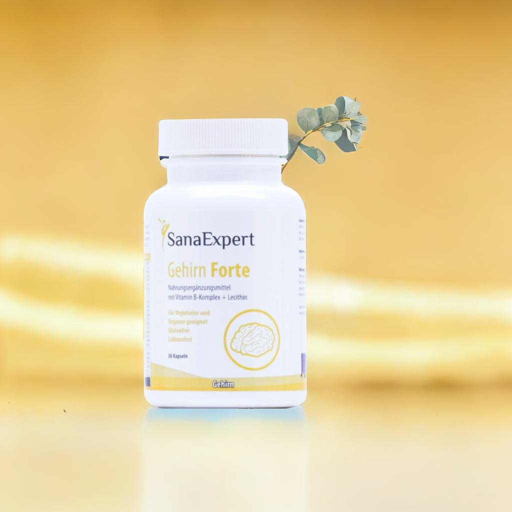 SanaExpert Gehirn Forte Nahrungsergänzungsmittel in einer weißen Flasche mit grauer Gehirnillustration, präsentiert vor gelbem Hintergrund mit einer kleinen Blattgirlande.